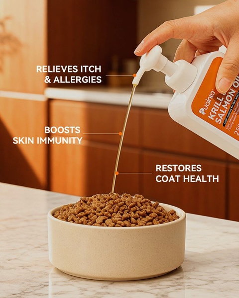 This ad creative utilizes a clear, high-contrast pouring shot to annotate key benefits of salmon oil for pets, linking visual action directly to clinical outcomes.